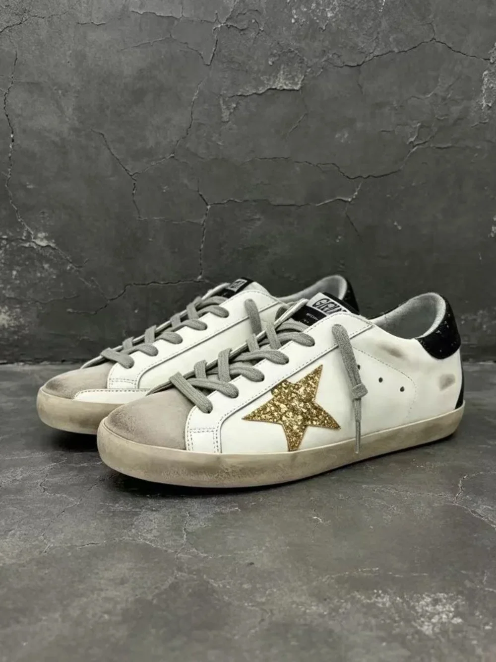 Golden Goose White Sneakers with Silver Glitter Star and Black Glitter Heel